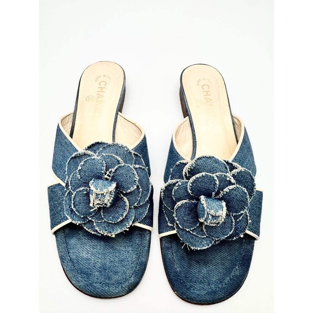 Chanel Blue Denim Camellia Slide Sandals Frayed Flower EU 38